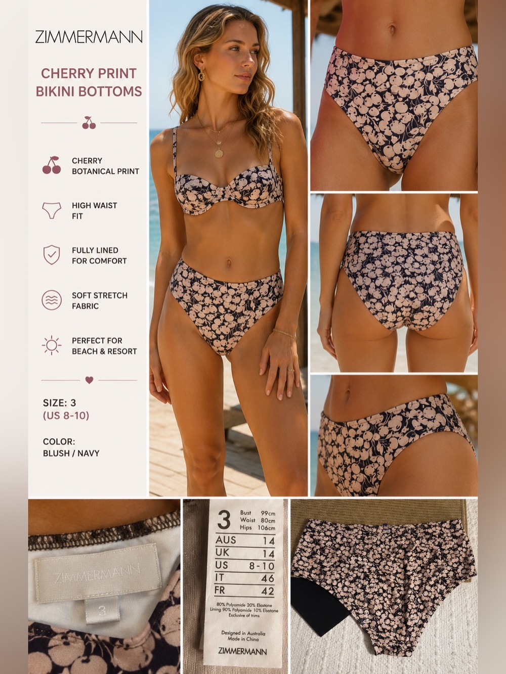 Zimmermann Cherry Print High Waist Bikini Bottoms Size 3 US 8-10 Floral Fruit